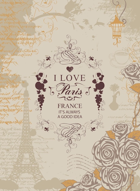 cartel de viaje con torre eiffel y rosas