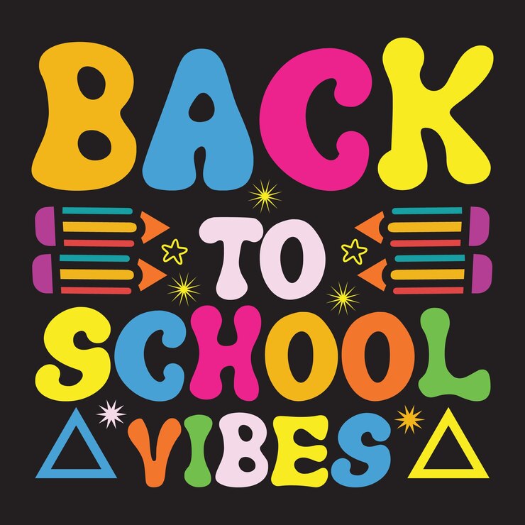 Cartel de vibraciones de regreso a la escuela con letras coloridas sobre un fondo negro.