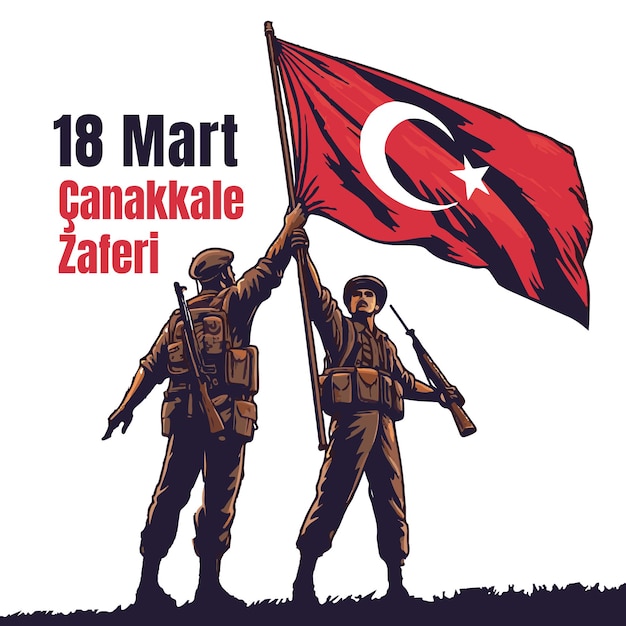 Vector cartel de la victoria de anakkale el 18 de marzo con un soldado turco y la bandera de turquía