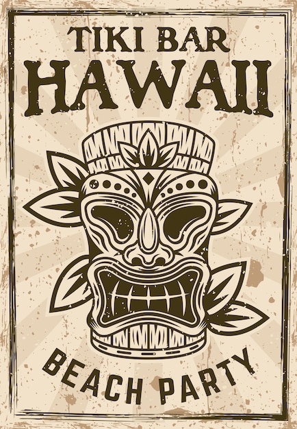 Vector cartel vintage de cabeza tiki con ilustración decorativa de vector de máscara de madera tribal hawaiana tradicional