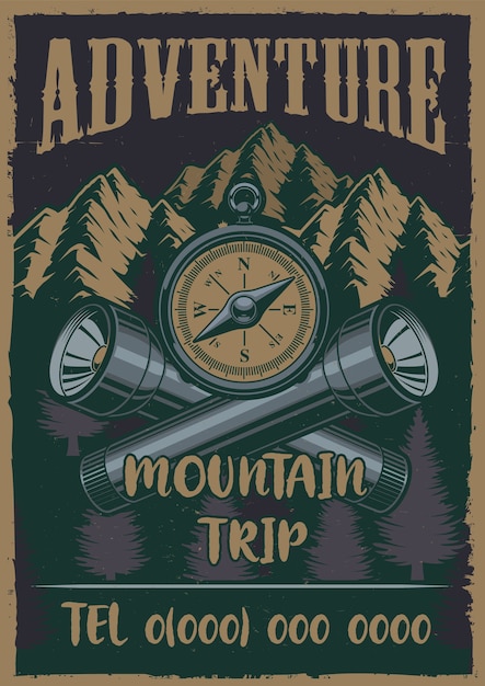 Cartel vintage en color sobre el tema camping con brújula, linterna. vector