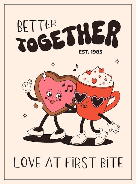 Cartel vintage del Día de San Valentín Personajes retro felices Animación antigua años 50, 60, 70, dibujos animados maravillosos