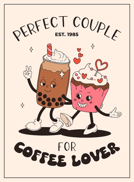Cartel vintage del Día de San Valentín Personajes retro felices Animación antigua años 50, 60, 70, dibujos animados maravillosos