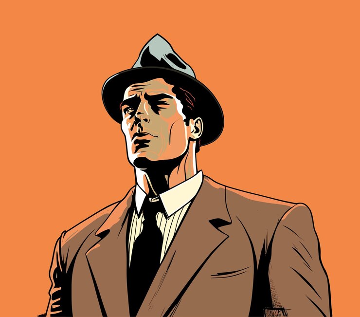 Cartel vintage hombre Traje abrigo sombrero moda chico cómic fondo naranja avatar caballero expresión facial confiado útil elegante formal Concepto de moda Ilustración vectorial