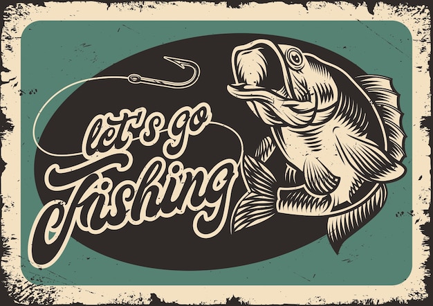 Cartel vintage de pesca con anzuelo y sedal de pesca de lubina