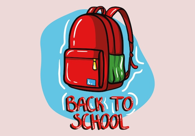 Cartel vintage rojo de regreso a la escuela con mochila escolar roja aislada en el fondo. Vector dibujado a mano.