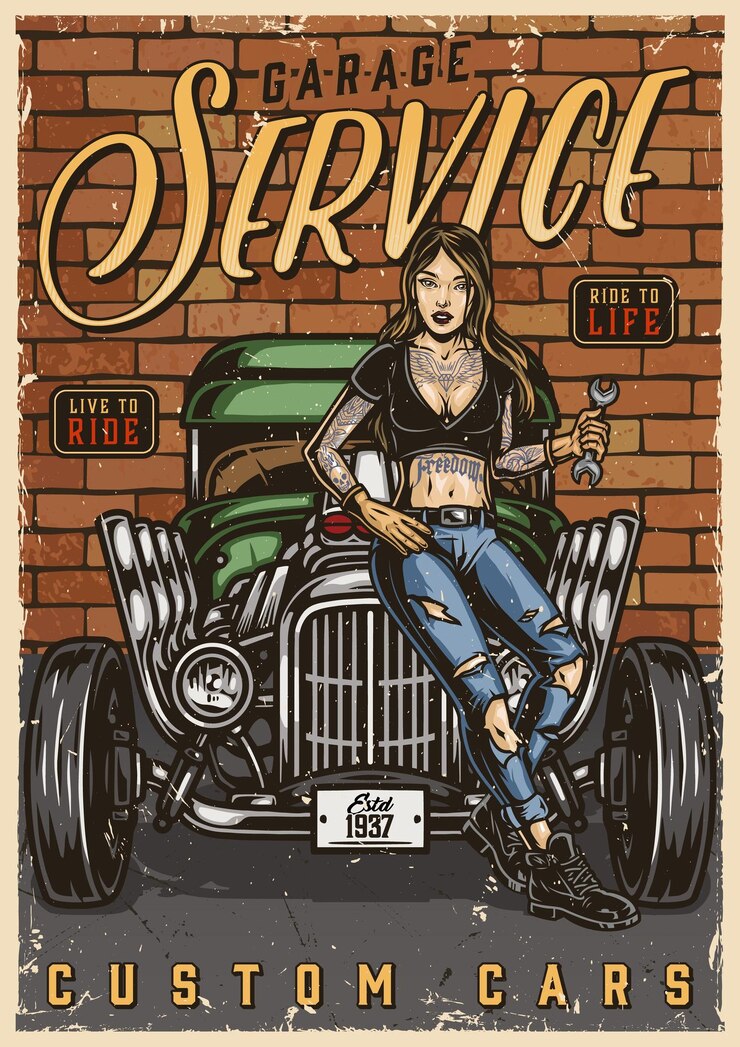 Vector cartel vintage de servicio de garaje de coches personalizados.