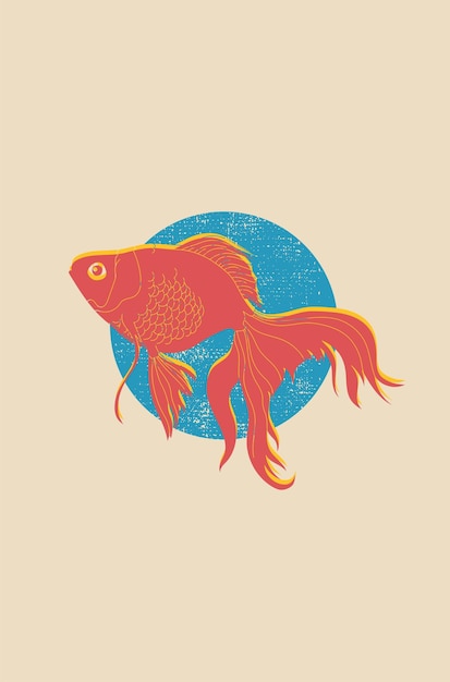 Cartel vintage vectorial con formas geométricas abstractas pescado dorado estilo risógrafo