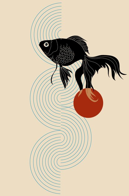 Cartel vintage vectorial con pez koi en estilo risógrafo