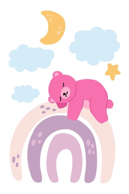 Cartel de vivero boho con arco iris y oso. Lindo bebé durmiendo tarjeta de animales. Resumen de oso durmiente