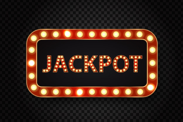 Cartelera de neón retro realista para jackpot con lámparas brillantes en el fondo transparente.