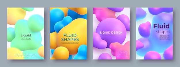 Carteles abstractos con bolas y manchas 3d fluidas que fluyen. Diseño de formas líquidas morphing. Conjunto de fondo de vector de burbujas y manchas de pintura moderna