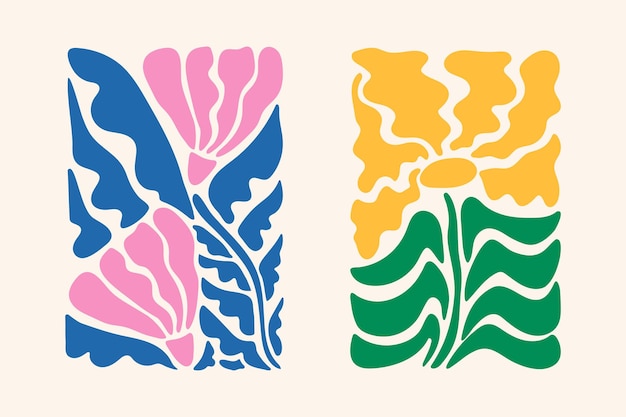 Carteles abstractos dibujados a mano con flores y hojas creativas Arte mural