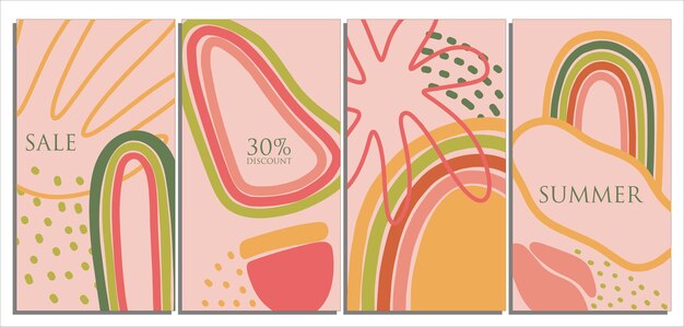 Carteles abstractos de moda Pancartas coloridas Tarjetas de descuento de primavera y verano Folletos de arcoíris