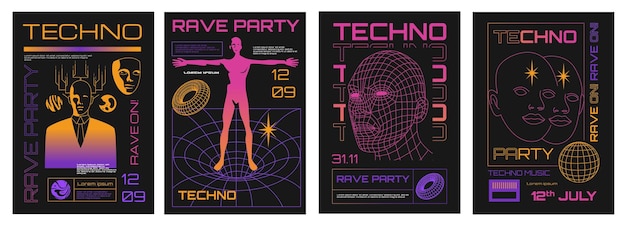 Carteles ácidos Diseño de collage abstracto rave psicodélico con símbolos surrealistas trippy retrofuturistas plantillas creativas funky groovy estilo años 70 Conjunto de vectores