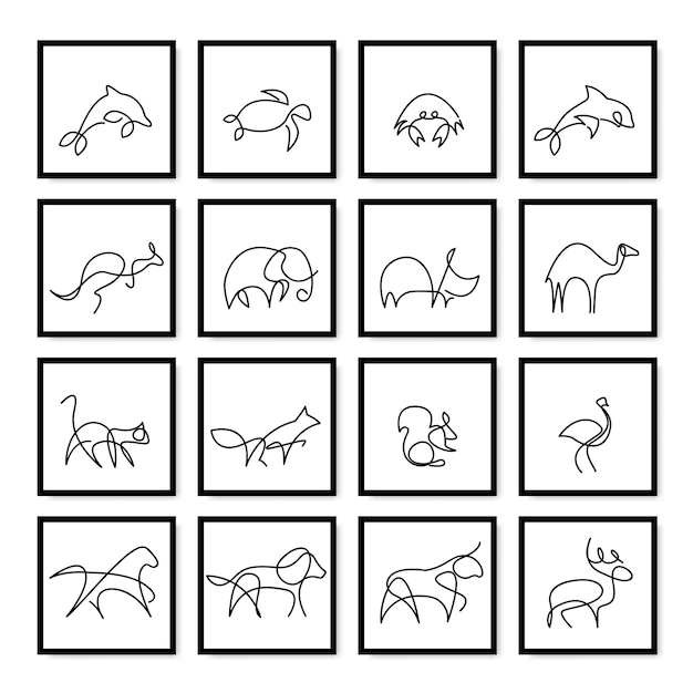 Carteles de animales de arte de línea continua establecidos en un estilo moderno Conjunto de arte de línea moderna con íconos de animales negros en carteles Conjunto de logotipos de animales Ilustración de línea continua Gráfico vectorial EPS 10