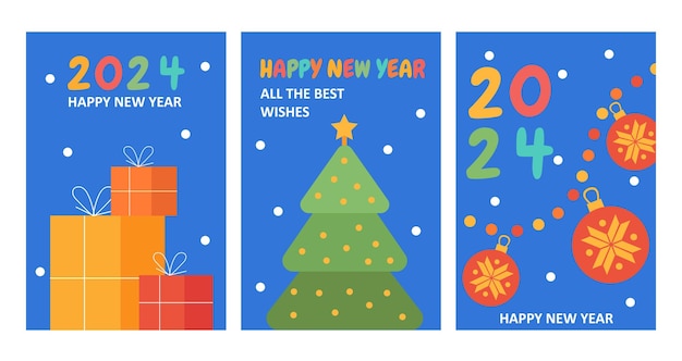 Carteles de Año Nuevo conjunto árbol de Navidad y coloridas cajas de regalos guirnalda con bolas rojas Nochebuena y