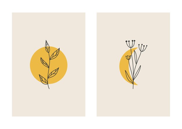 Carteles de arte de pared boho con ramas florales de luna Estilo minimalista de moda Fondo de pantalla de colores pastel