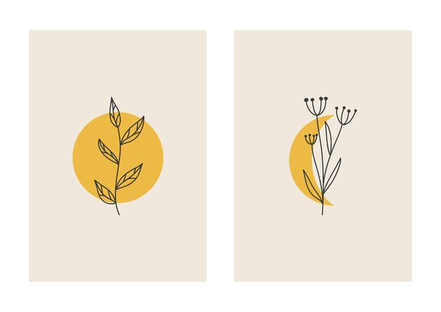 Vector carteles de arte de pared boho con ramas florales de luna estilo minimalista de moda fondo de pantalla de colores pastel