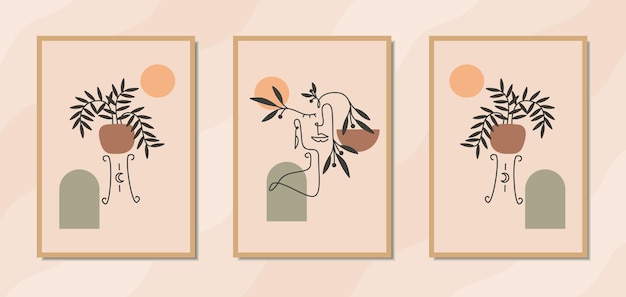 Carteles de arte de pared moderno y estético con elegante retrato de arte de línea de mujer floral y forma geométrica