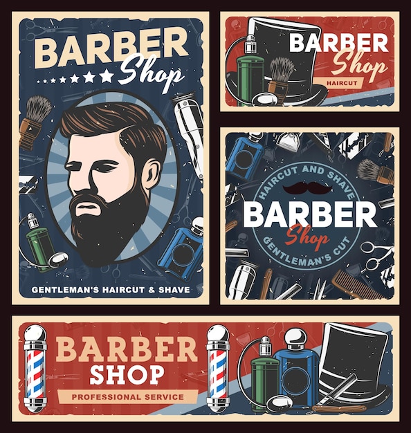 Carteles de barbería con maquinillas de afeitar de peluquería.