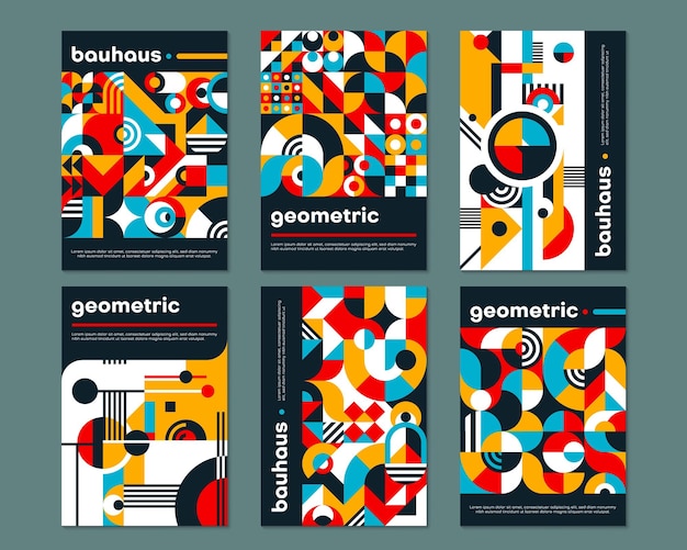 Carteles de Bauhaus patrones abstractos geométricos Página de folleto promocional de la compañía con elementos de Bauhaus patrón diseño vectorial de folletos de eventos formas geométricas plantilla de página de portada de presentación de negocios