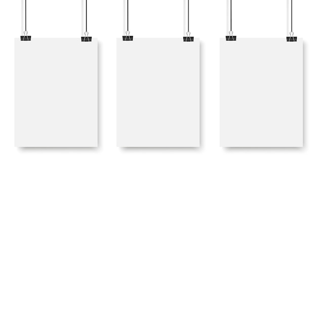 Carteles en blanco colgados en una carpeta clips A4 hoja de papel blanco cuelga de una cuerda con clips Vector
