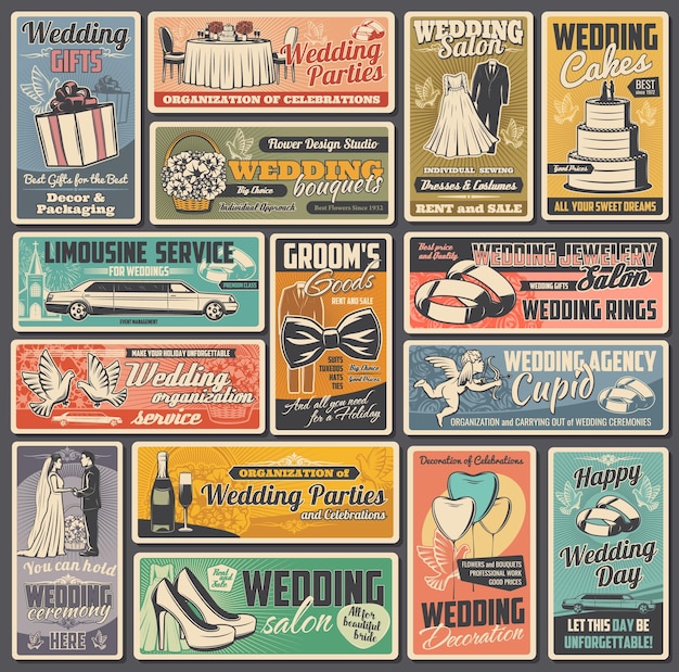 Carteles de boda y ceremonia de matrimonio.