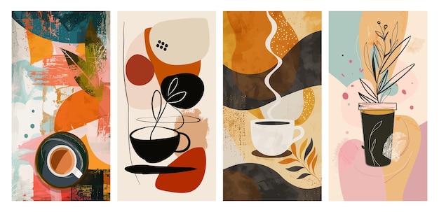 Los carteles de café de arte abstracto son un conjunto de ilustraciones vectoriales modernas y vibrantes.