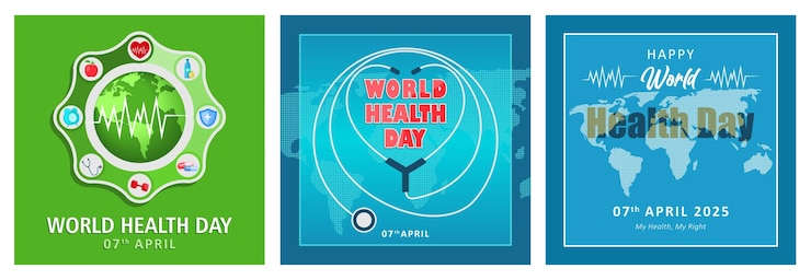 Vector carteles de celebración del día mundial de la salud con conceptos médicos y de salud mundial