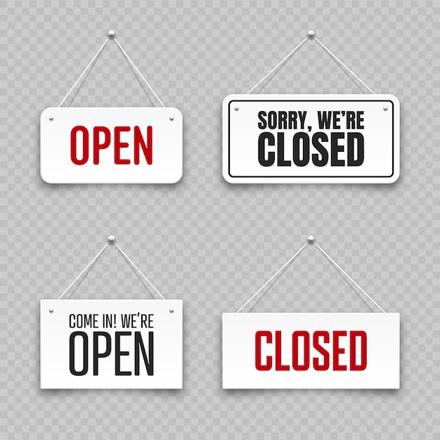 Vector carteles colgantes abiertos o cerrados realistas cartel de puerta vintage para cafeterías, restaurantes, bares o tiendas minoristas