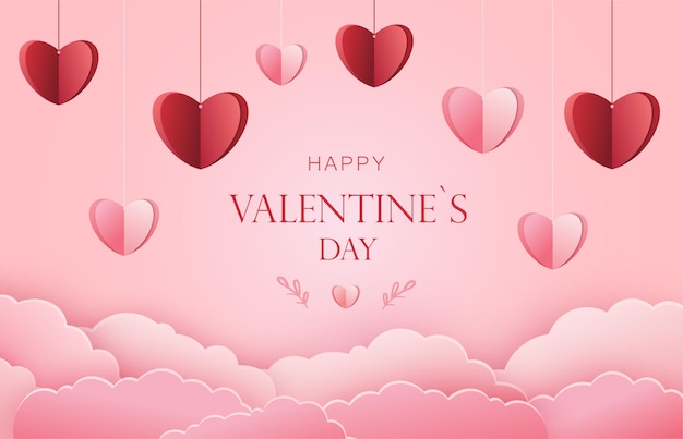 Carteles conceptuales del día de San Valentín con corazones de papel rojo y rosa en 3D y marco en el fondo