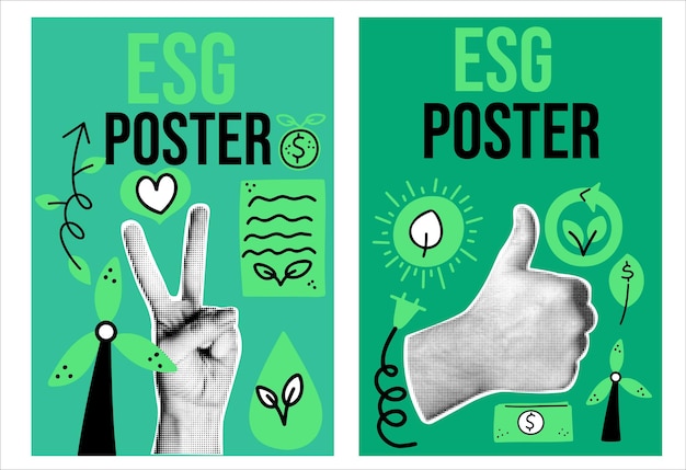 Los carteles conceptuales ESG son un collage con manos y elementos de garabateo ecológicos