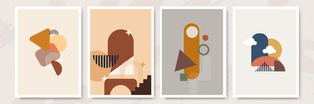Carteles contemporáneos abstractos con sol, luna y paisaje en estilo boho Fondo minimalista de mediados de siglo para decoración del hogar Decoración de paredes o cubiertas Ilustración vectorial