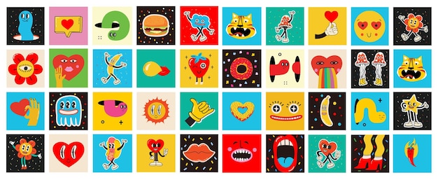 Los carteles cuadrados groovy de los años 70 tarjetas o pegatinas impresión retro con hippie lindo colorido personajes funky conceptos de emoticon goteante geométrico loco sólo buenas vibraciones frase