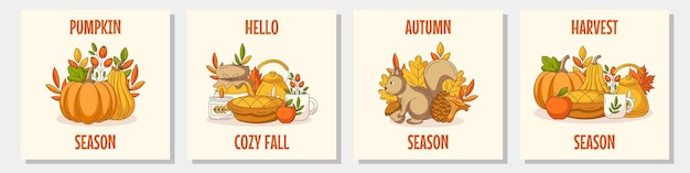 Los carteles cuadrados modernos de felicitaciones de otoño establecen elementos de otoño acogedores de la ardilla de la cosecha de calabazas