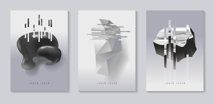 Vector carteles, cubiertas con efecto glitch y formas fluidas bauhaus. diseño abstracto futurista hipster para cartel, pancarta, folletos. ilustración vectorial