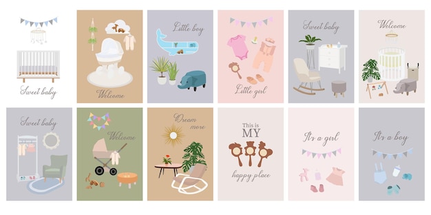 Carteles con decoración en la guardería. interiorismo infantil. tarjetas de baby shower para niño y niña