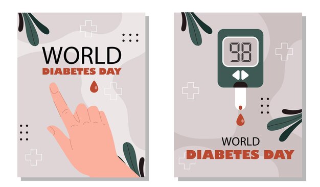 Vector los carteles del día mundial de la diabetes establecen una festividad internacional de concienciación sobre la salud de las pruebas de glucosa e insulina.