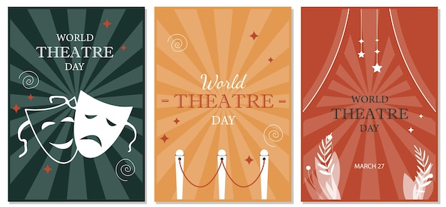 Vector los carteles del día mundial del teatro establecen folletos rojos, amarillos y verdes con máscaras de tragedia y comedia cultural