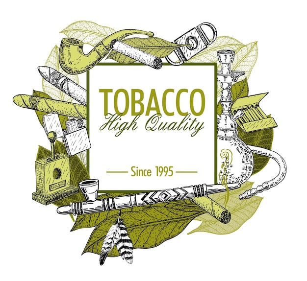 Vector carteles dibujados a mano con conjunto de tabaco y fumar cigarros en estilo boceto ilustración vectorial con pipas guillotinas hojas de tabaco conjunto para fumar cigarros narguile hojas de tabaco pipas narguile