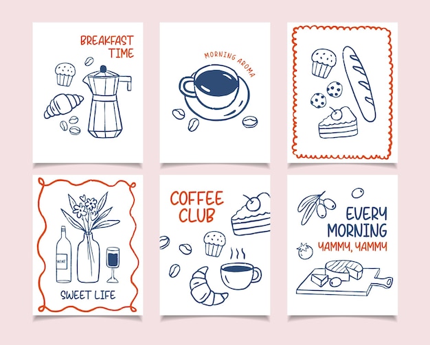 Los carteles de dibujos para el desayuno se establecen con el vector de croissant y crayón de café dibujando azul rojo