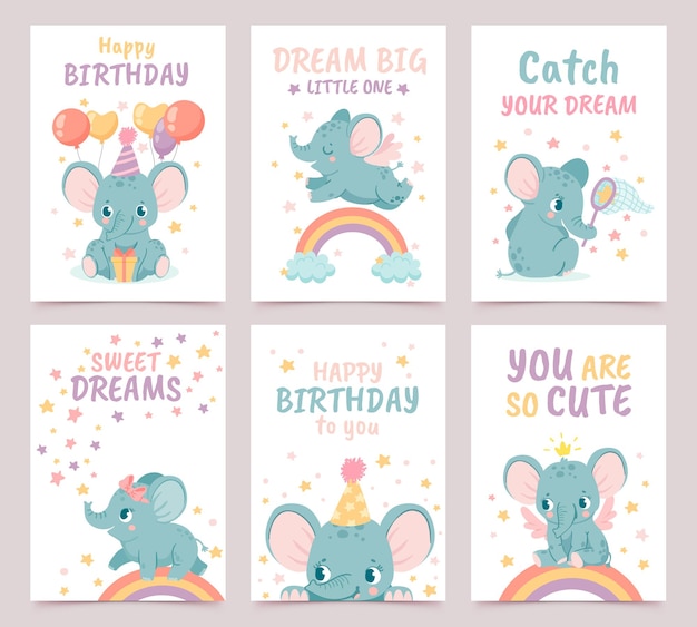 Vector carteles de elefantes de guardería. decoración de animales para baby shower y tarjetas de cumpleaños de dibujos animados. impresiones de elefantes y arco iris para vector recién nacido con globos. sueña en grande, eres tan lindo