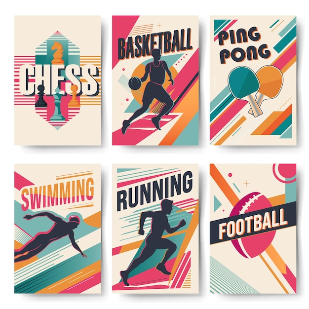 Carteles de estilo retro con diferentes deportes Conjunto de fondos deportivos abstractos modernos Formas de moda