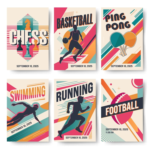 Carteles de estilo retro con diferentes deportes Conjunto de fondos deportivos abstractos modernos Formas de moda