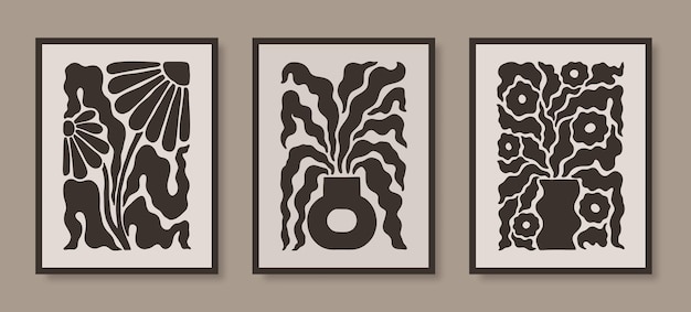 Carteles florales ingenuos abstractos Estampados botánicos modernos con flores en jarrones en estilo minimalista