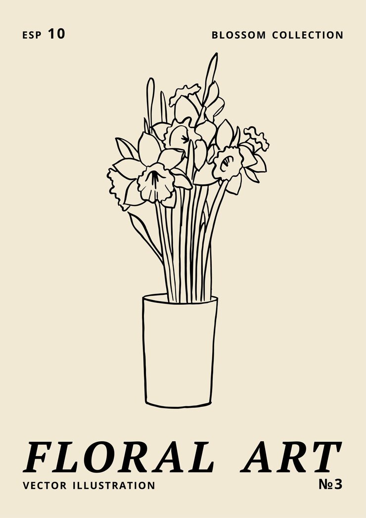 Carteles florales de tinta de ilustración vectorial con flores de narciso en jarrón Arte para impresiones arte de pared fondo de banner