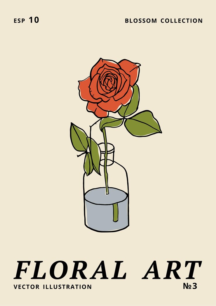 Carteles florales de tinta de ilustración vectorial con flores rosas en jarrón Arte para impresiones arte de pared fondo de banner
