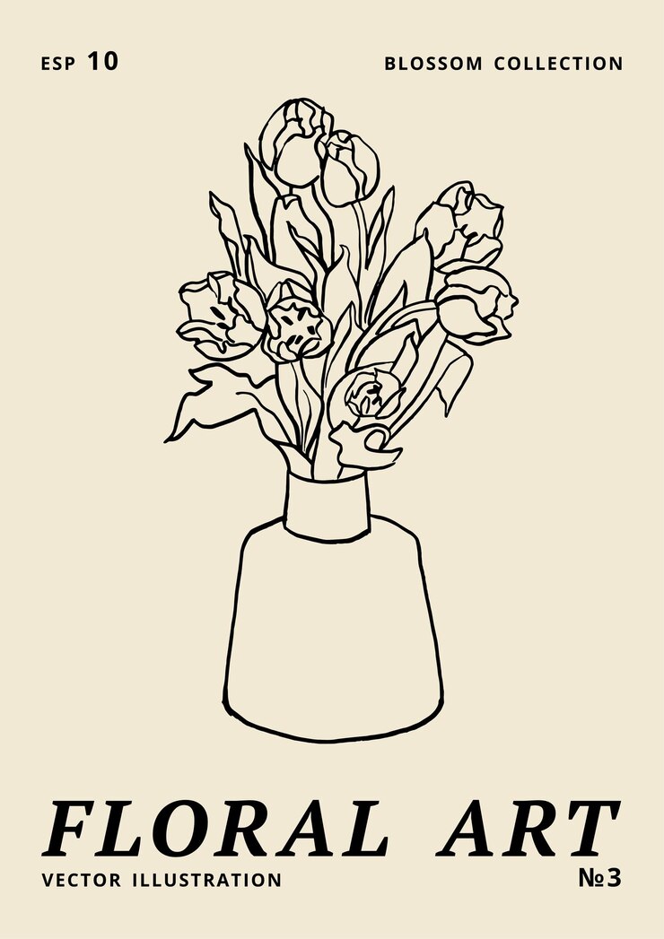 Carteles florales de tinta de ilustración vectorial con flores de tulipán en jarrón Arte para impresiones arte de pared fondo de banner