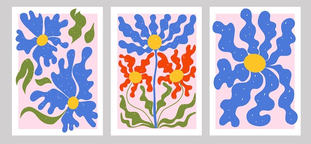 Vector los carteles de flores abstractas establecen artes botánicas de pared de moda con hojas de plantas florales silvestres en estilo hippie